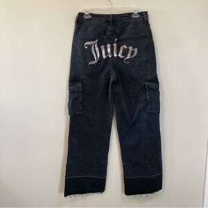 Juicy Couture Lunita Sz 11 / 30 Wide Leg Cargo Jeans Black Washed Frayed Hem
